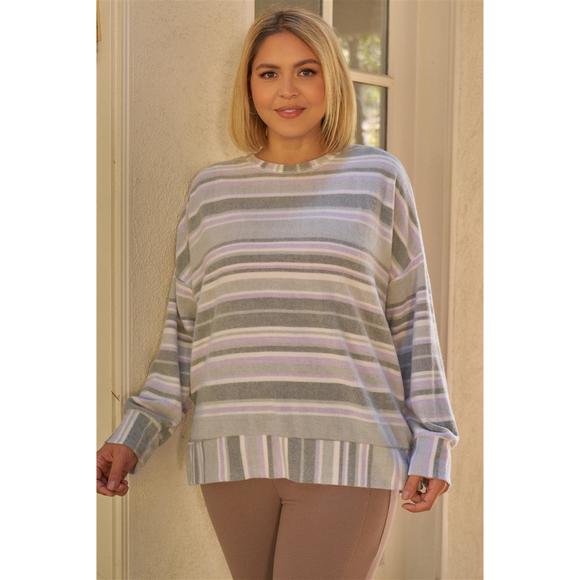 Rachell`s Boutique Tops - Plus Sage & Lavender Stripped Super Soft Sweatshirt